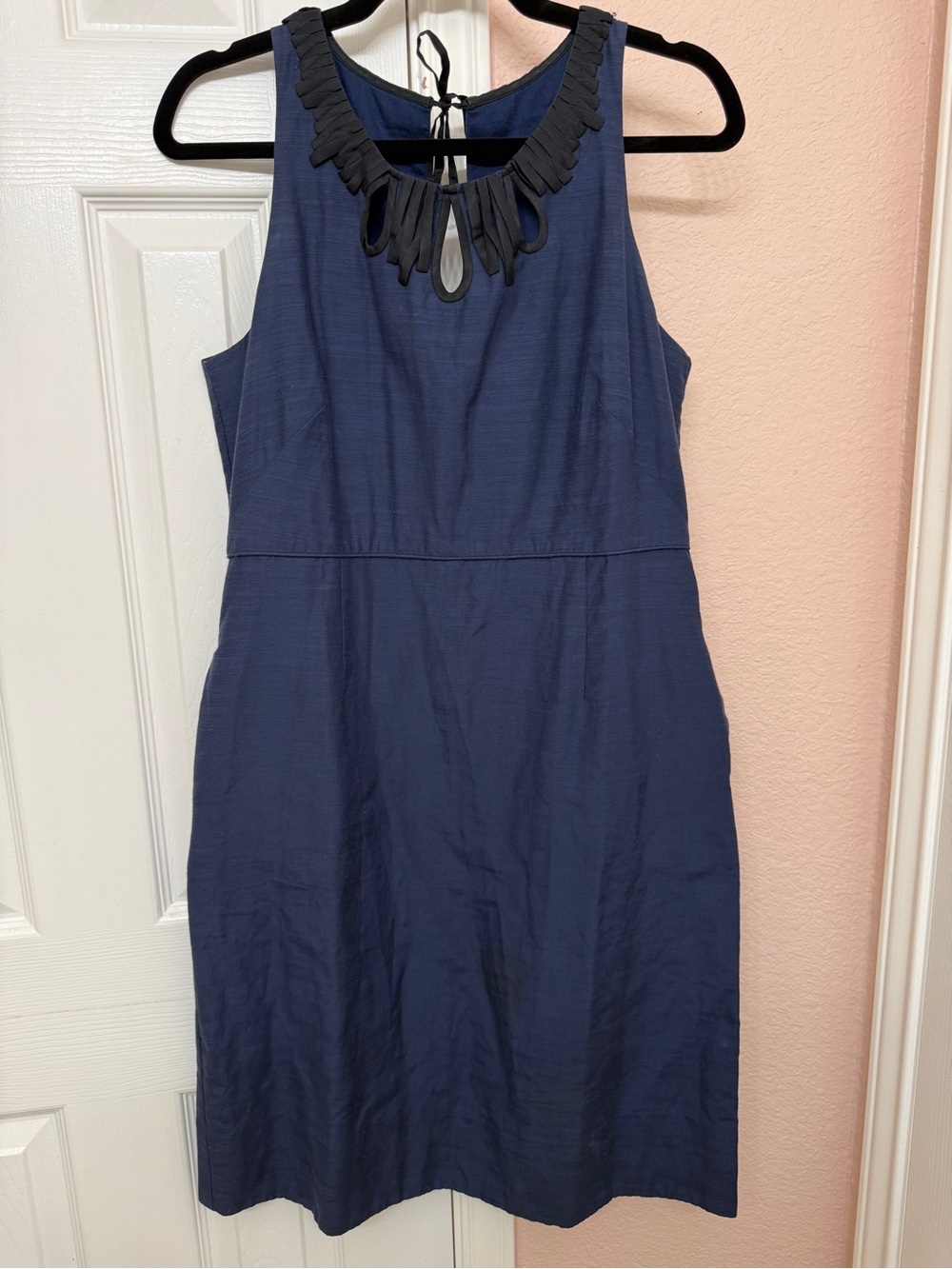 J.Crew Womens Size 10 Navy Blue Cotton Silk Cutout Ribbon Neckline Dress Pockets